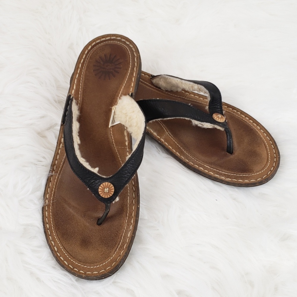 Ugg leather & sheepskin flip flops.